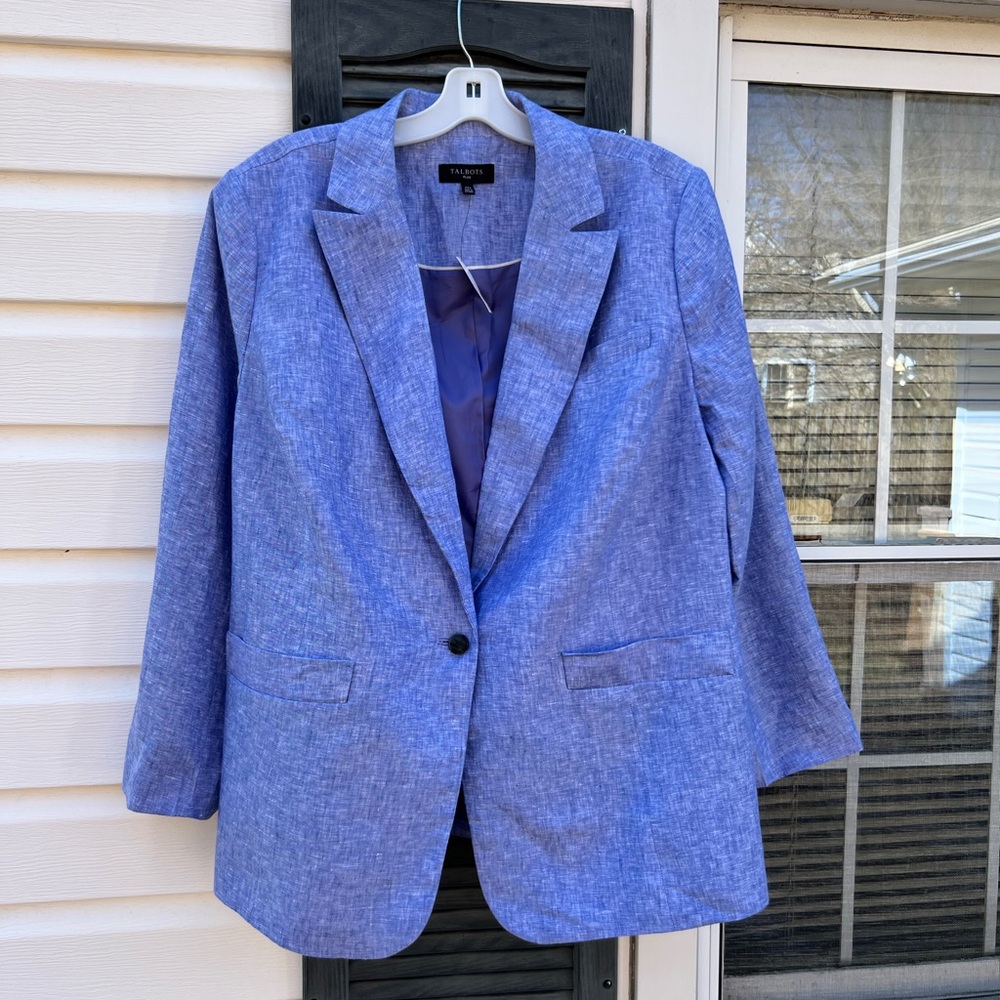 NWT Talbots Pretty Blue Lined 100% Linen Fully Lined Long Sleeve Blazer